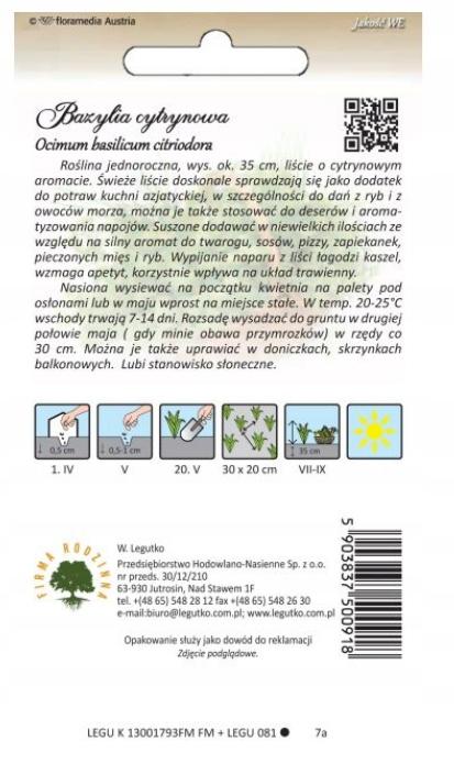 LEGUTKO Bazylia cytrynowa nasiona 0,5 g